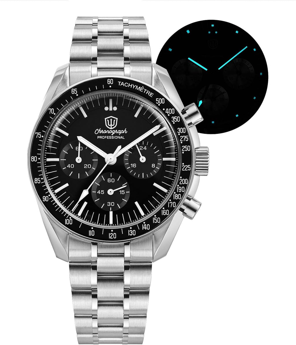 Watchdives 39mm Chronograph Watches for Men - WD1863 VK63 Sweep Hand Movement Wrist Watch with Bubble Sapphire Crystal, 10 Bar Waterproof Stainless Steel Bracelet