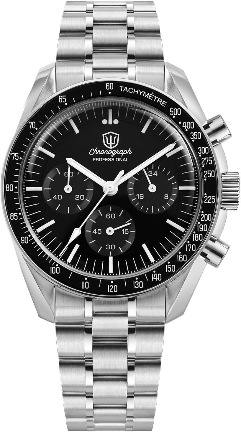 Watchdives 39mm Chronograph Watches for Men - WD1863 VK63 Sweep Hand Movement Wrist Watch with Bubble Sapphire Crystal, 10 Bar Waterproof Stainless Steel Bracelet