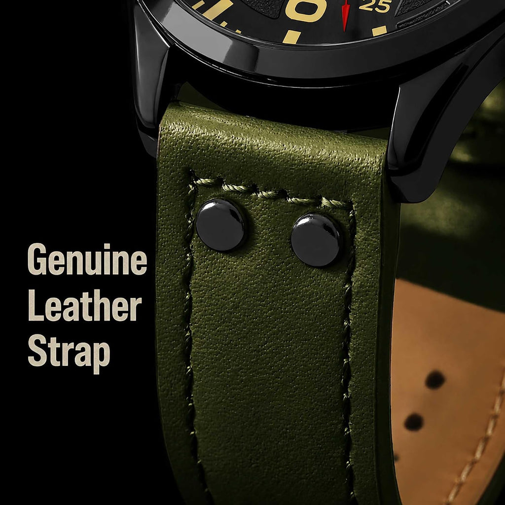 Stuhrling Original Men’s Aviator Watch 42mm Leather Strap, Japanese Quartz Mens Watch, Day Date Display, Luminous Dial, Water Resistant, Aviator Style Watch for Men