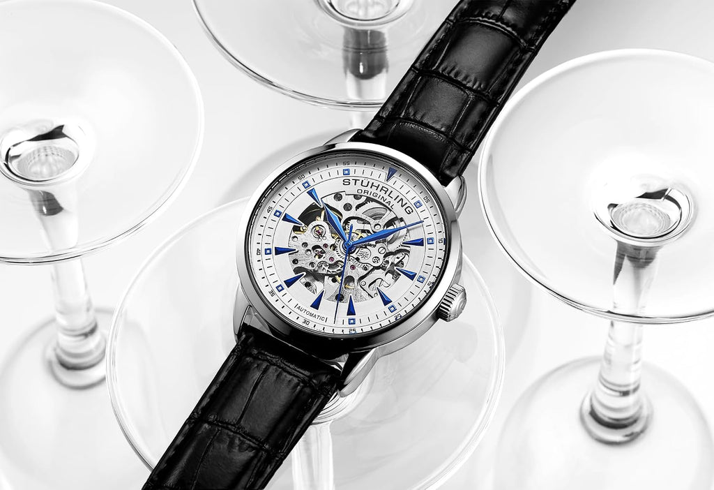 Stuhrling Original Mens Skeleton Automatic Dress Watch with Alligator Embossed Leather Strap Skeleton Dial