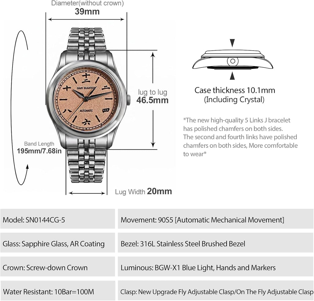 San Martin SN0144-CG5 39mm Luxury Watch for Men,90S5 Automatic Movt Sapphire Crystal Stainless Steel Bracelet, 100M Water Resistant