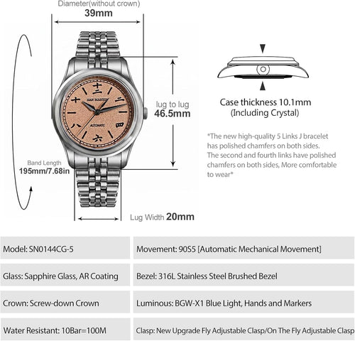 San Martin SN0144-CG5 39mm Luxury Watch for Men,90S5 Automatic Movt Sapphire Crystal Stainless Steel Bracelet, 100M Water Resistant
