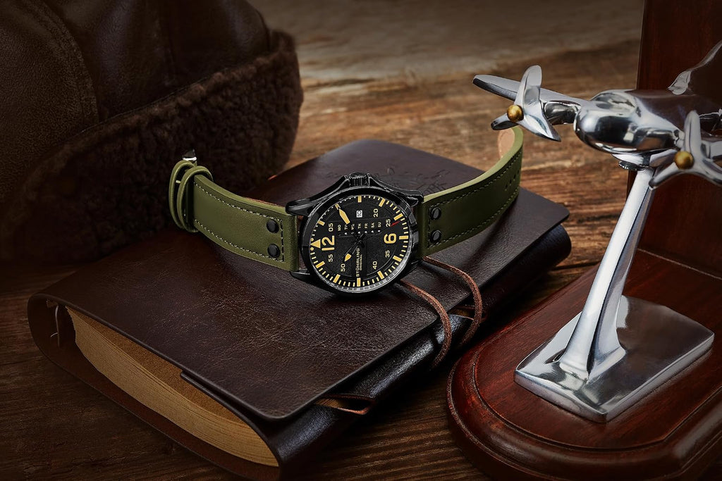 Stuhrling Original Men’s Aviator Watch 42mm Leather Strap, Japanese Quartz Mens Watch, Day Date Display, Luminous Dial, Water Resistant, Aviator Style Watch for Men