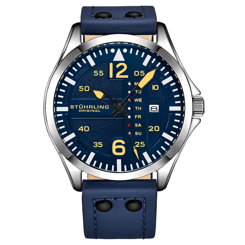 Stuhrling Original Men’s Aviator Watch 42mm Leather Strap, Japanese Quartz Mens Watch, Day Date Display, Luminous Dial, Water Resistant, Aviator Style Watch for Men