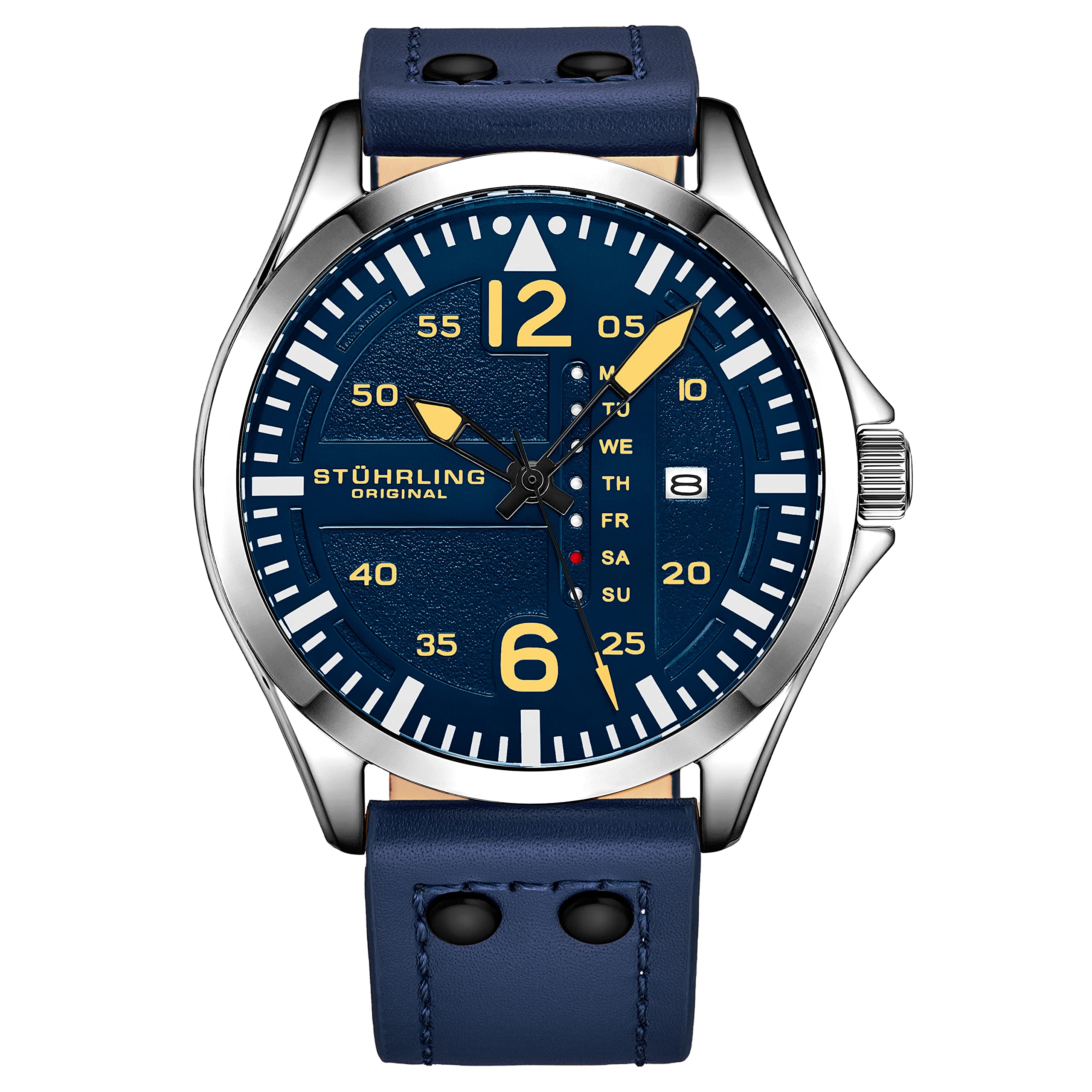 Stuhrling Original Men’s Aviator Watch 42mm Leather Strap, Japanese Quartz Mens Watch, Day Date Display, Luminous Dial, Water Resistant, Aviator Style Watch for Men