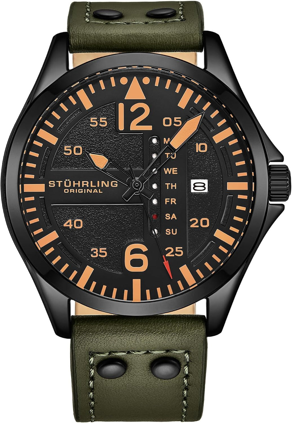 Stuhrling Original Men’s Aviator Watch 42mm Leather Strap, Japanese Quartz Mens Watch, Day Date Display, Luminous Dial, Water Resistant, Aviator Style Watch for Men