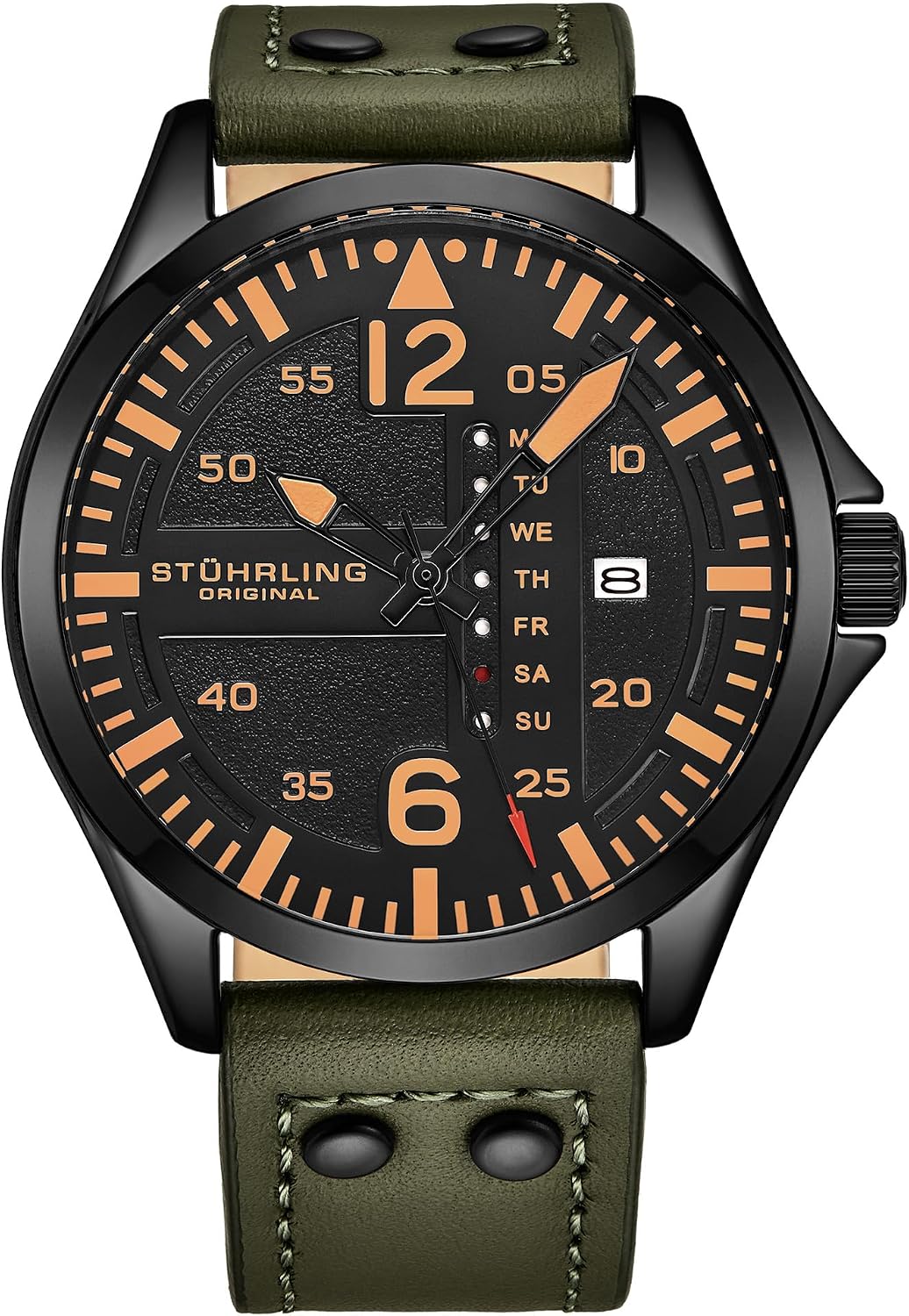 Stuhrling Original Men’s Aviator Watch 42mm Leather Strap, Japanese Quartz Mens Watch, Day Date Display, Luminous Dial, Water Resistant, Aviator Style Watch for Men