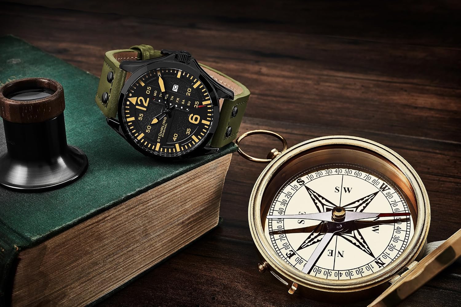 Stuhrling Original Men’s Aviator Watch 42mm Leather Strap, Japanese Quartz Mens Watch, Day Date Display, Luminous Dial, Water Resistant, Aviator Style Watch for Men